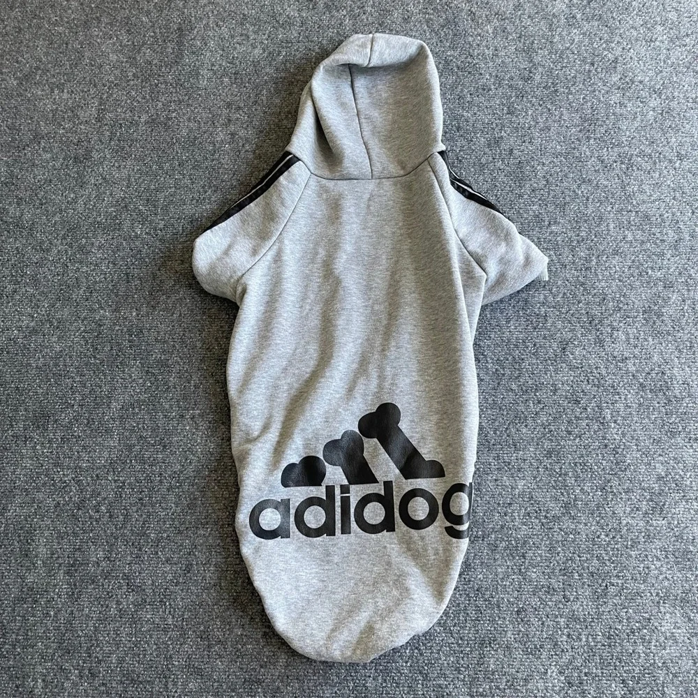 Adidog Gray Pet Hoodie Large Dog Fleece Sweatshirt Sporty Striped Parody Coat